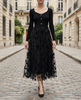 FJØRNA black stretch knit dress with 3D floral embroidered mesh overskirt, elegant floral dress for stylish occasions