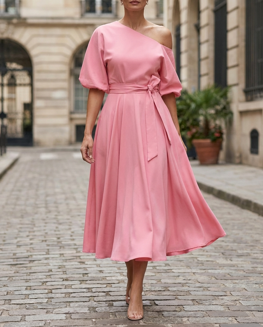 FJØRNA radiant one-shoulder midi dress with waist tie and flared skirt, perfect for elegant women's occasion wear.