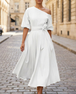 FJØRNA radiant one-shoulder midi dress with waist tie and flared skirt, perfect for elegant women's occasion wear.
