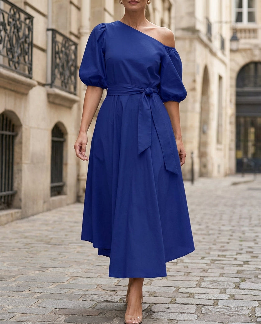 FJØRNA radiant one-shoulder midi dress with waist tie and flared skirt, elegant women's dress for special occasions