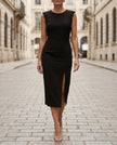 FJØRNA sophisticated cap sleeve midi dress with side slit, elegant women's dress in a sleek, fitted style.