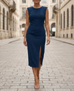 FJØRNA women's midi dress with cap sleeves and side slit, elegant and sophisticated for formal or casual occasions