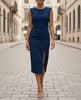 FJØRNA women's midi dress with cap sleeves and side slit, elegant and sophisticated for formal or casual occasions