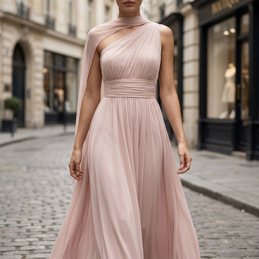 FJØRNA high-neck sleeveless tulle overlay evening gown with elegant maxi dress design, featuring a fitted bodice and flowing skirt.