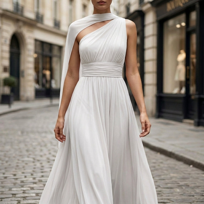 FJØRNA high-neck sleeveless evening gown with tulle overlay, featuring an elegant maxi dress design with sleeves.