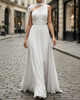 FJØRNA high-neck sleeveless tulle overlay evening gown with long sleeves, elegant maxi dress for formal occasions.