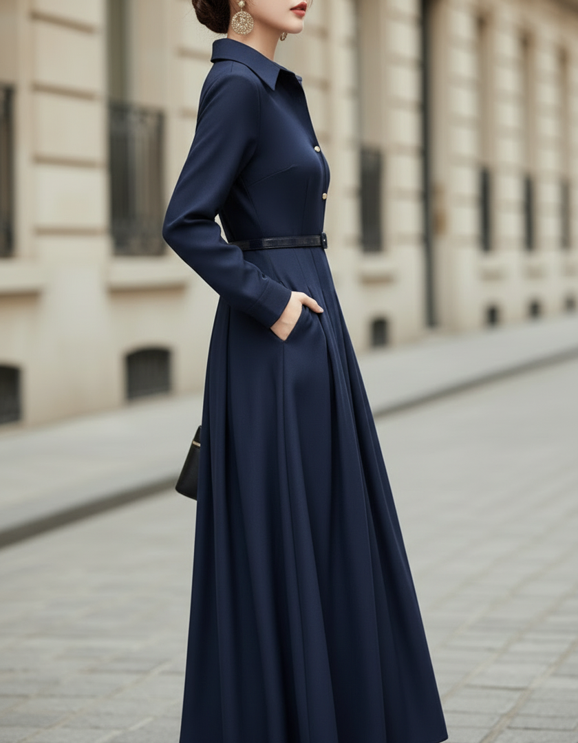 FJØRNA collared button-front midi dress with tailored pleats and belted waist, stylish women's dress in a sophisticated midi length