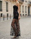 FJØRNA floral lace sheer overlay evening dress with strappy corset bodice, elegant and feminine for special occasions.