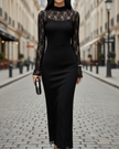 FJØRNA black midi dress with floral lace sheer sleeves, fitted silhouette, perfect for elegant occasions.