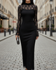 FJØRNA black midi dress with floral lace sheer sleeves, fitted silhouette, perfect for elegant occasions.