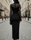 FJØRNA black midi dress for women with floral lace sheer sleeves, elegant and stylish for formal or casual occasions.