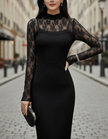 FJØRNA black midi dress with floral lace sheer sleeves, elegant women's dress showcasing a fitted silhouette and delicate lace details.