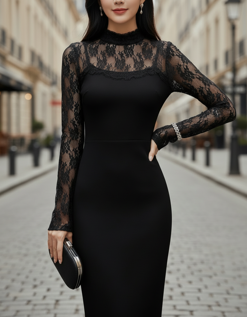 FJØRNA black midi dress with floral lace sheer sleeves, elegant women's dress showcasing a fitted silhouette and delicate lace details.