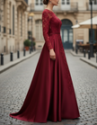FJØRNA burgundy lace long-sleeve satin A-line gown, maxi dress with elegant lace details and flowing silhouette.