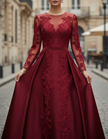 FJØRNA burgundy lace long-sleeve satin A-line maxi dress with elegant design and flowing fabric, perfect for formal occasions.