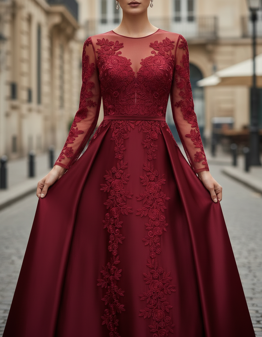 FJØRNA burgundy lace long-sleeve satin A-line maxi dress with elegant design and flowing fabric, perfect for formal occasions.