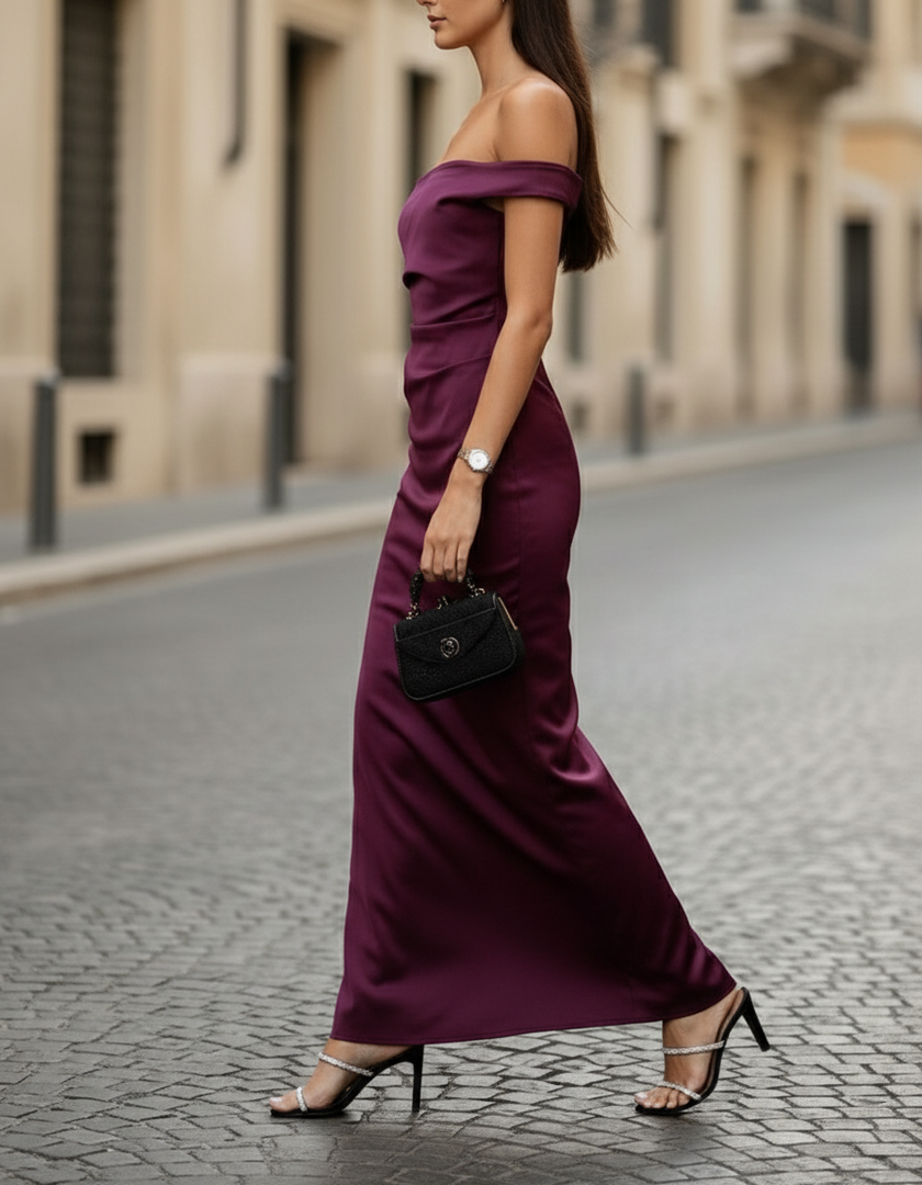 FJØRNA satin off-shoulder ruched maxi dress with long sleeves, elegant and flowy, perfect for formal occasions.