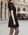 FJØRNA sheer panel collared keyhole A-line mini dress with elegant design, perfect for wedding or special occasions.