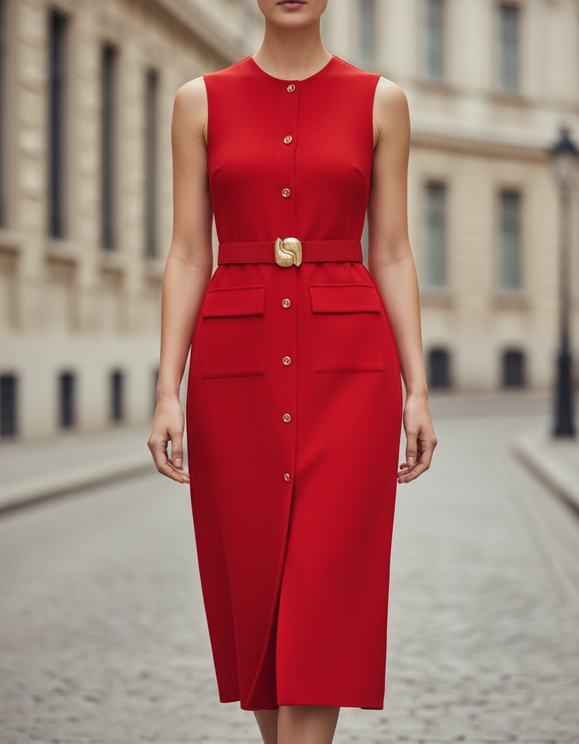 FJØRNA elegant sleeveless midi dress with button-front and belt, featuring a sophisticated design for women.