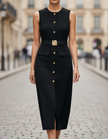 Elegant FJØRNA sleeveless midi dress with button-front, belted waist, perfect for women’s stylish occasion wear.