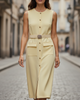 FJØRNA sleeveless midi dress with button front and belt, elegant women's dress in soft fabric, perfect for summer or formal occasions.