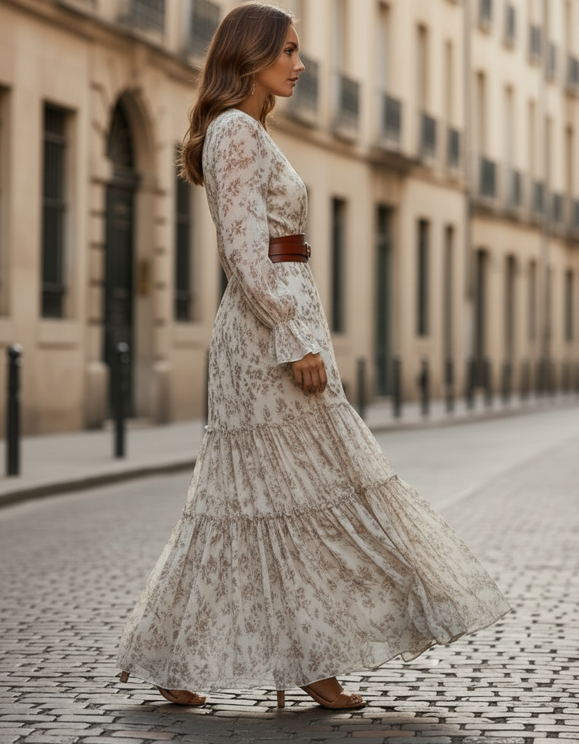 FJØRNA romantic floral chiffon maxi dress with belted waist, featuring a flowy silhouette and vibrant floral pattern.