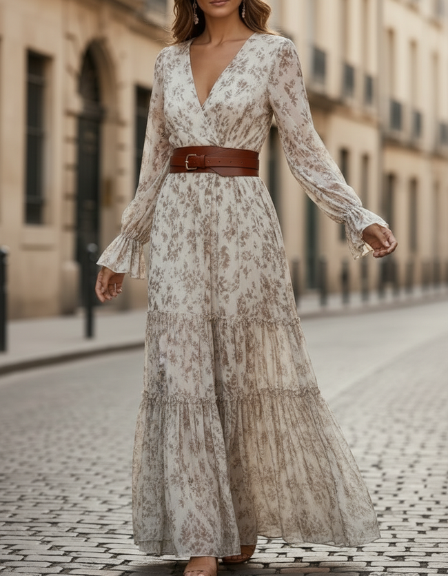 FJØRNA romantic floral chiffon maxi dress with belted waist, featuring a flowing design and vibrant floral pattern.