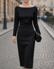 FJØRNA elegant boat-neck long sleeve midi dress for women, showcasing a fitted silhouette and classic design in a neutral color.