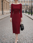 FJØRNA elegant boat-neck long sleeve midi dress for women, showcasing a flowing fabric and fitted silhouette with a stylish neckline.