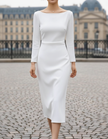 FJØRNA elegant boat-neck long sleeve midi dress for women, featuring a fitted silhouette and midi length in a stylish design.
