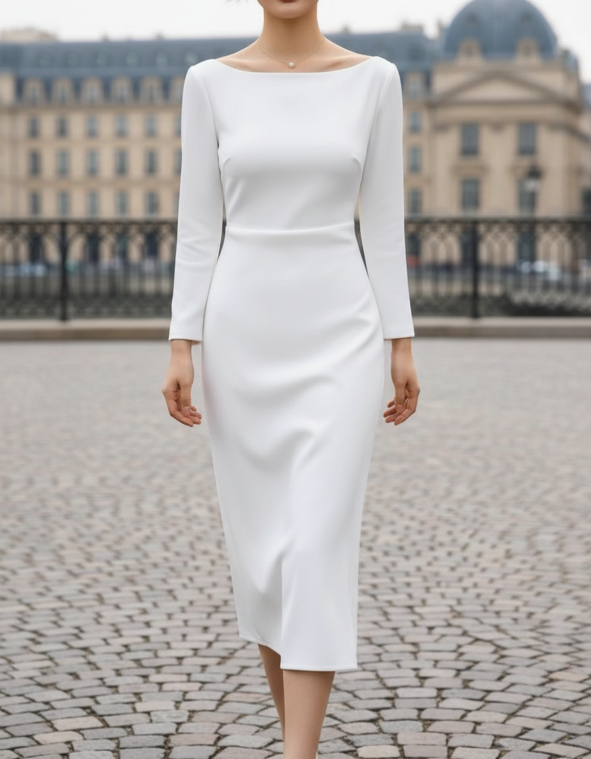 FJØRNA elegant boat-neck long sleeve midi dress for women, featuring a fitted silhouette and midi length in a stylish design.