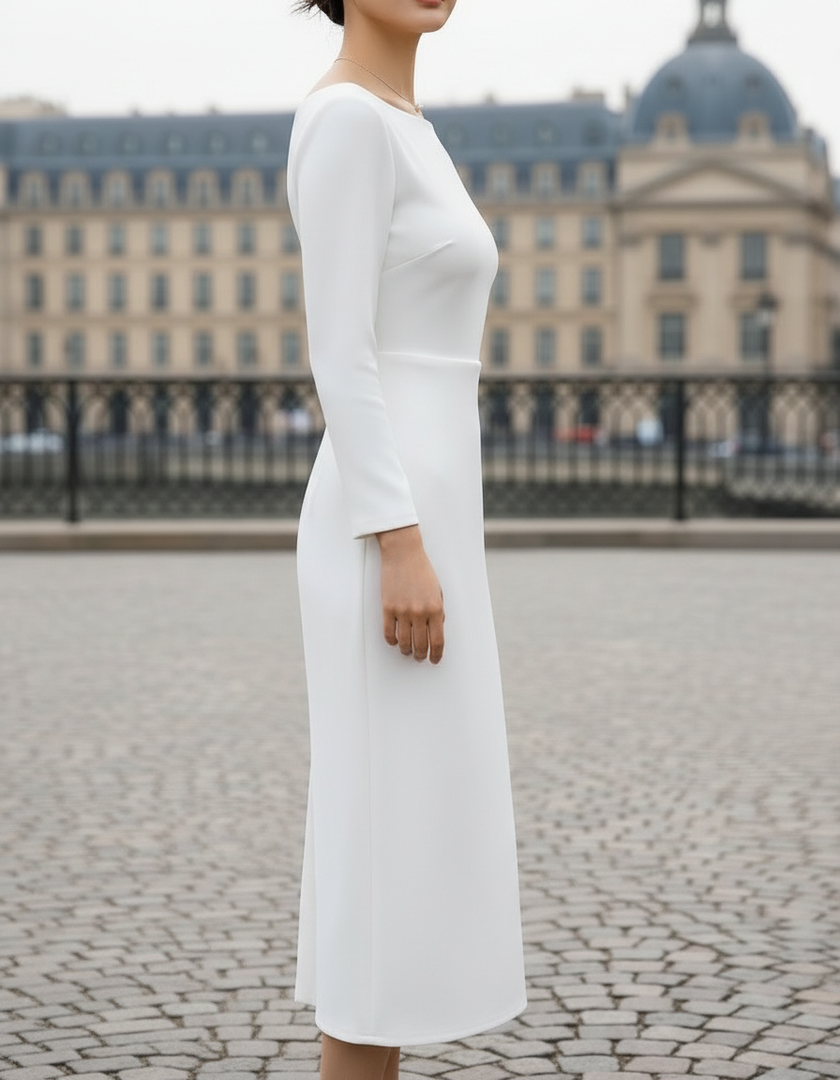 FJØRNA elegant boat-neck long sleeve midi dress for women, showcasing a stylish, fitted design with a sleek silhouette.