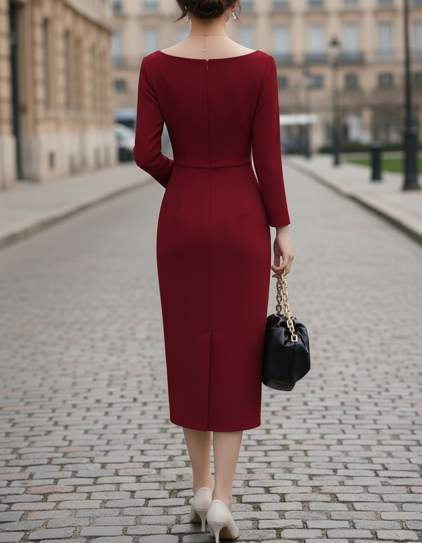 FJØRNA elegant boat-neck long sleeve midi dress for women, showcasing a fitted silhouette and soft fabric in a sleek design.