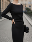 FJØRNA elegant boat-neck long sleeve midi dress for women, featuring a fitted silhouette and stylish design.
