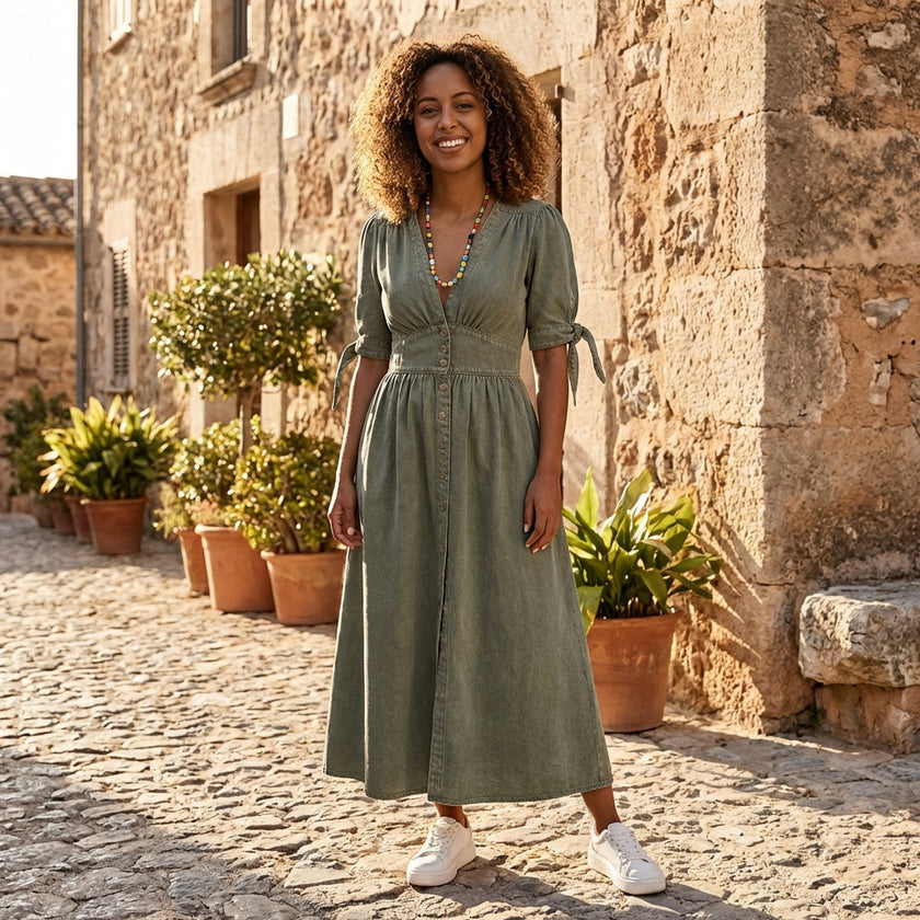 FJØRNA button front midi dress with V-neck and waist tie, featuring a flowing fabric and elegant design.