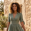 FJØRNA button front midi dress with V-neck and waist tie, featuring a stylish and elegant design perfect for casual or dressy occasions.