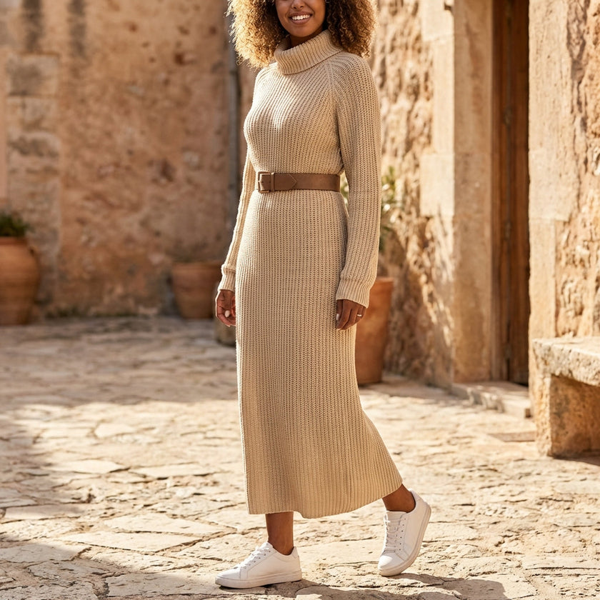 FJØRNA ribbed knit midi dress with long sleeves and high neck, shown on a model in a neutral setting.