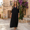 FJØRNA loose fit maxi shirt dress with long sleeves and V-neck, flowing fabric and casual style, shown on a model.