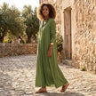 FJØRNA loose fit maxi shirt dress with long sleeves and V-neck, flowing and casual for stylish everyday wear.