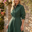 FJØRNA button front maxi shirt dress with waist tie, long sleeves, and a relaxed fit, shown on a model.