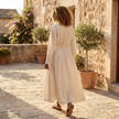 FJØRNA button front maxi shirt dress with waist tie, long sleeves, and a relaxed fit, perfect for casual or semi-formal wear.
