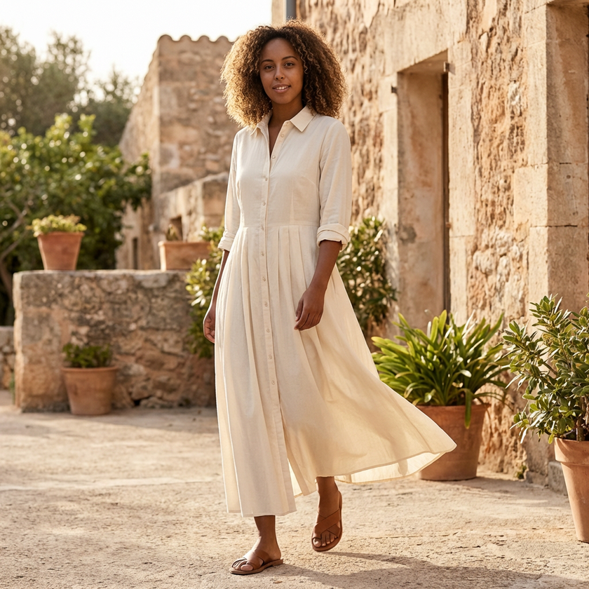 FJØRNA button front maxi shirt dress with waist tie, long sleeves, and a relaxed fit, showcased on a model.