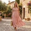 FJØRNA tiered lace maxi dress with V neck and flowing skirt, elegant and feminine for special occasions
