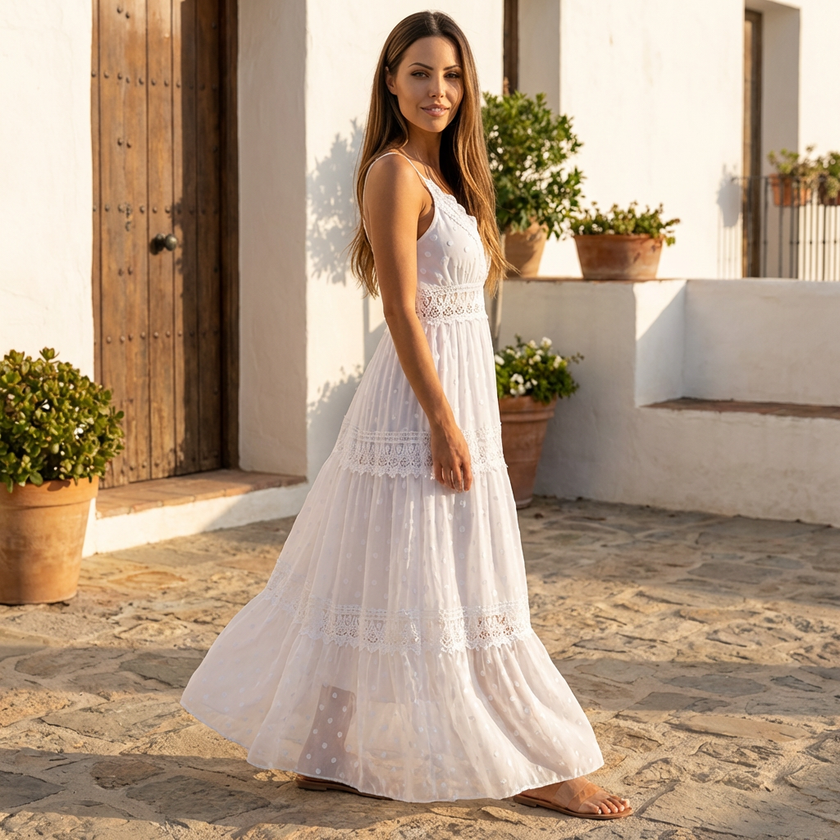 FJØRNA tiered lace maxi dress with V-neck and flowy skirt, featuring intricate lace details and a graceful silhouette.