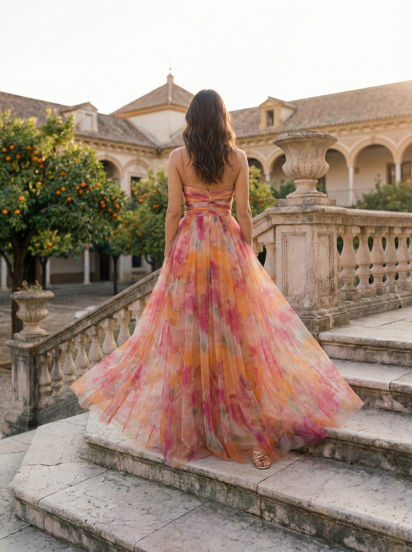 FJØRNA elegant floral maxi dress for women with V-neck, flowing fabric, and stylish design perfect for special occasions.