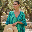 FJØRNA boho printed maxi dress with loose fit and V-neck, featuring colorful patterns and flowy fabric for a relaxed summer look.