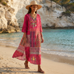 Boho embroidered midi dress by FJØRNA featuring a loose fit and V-neck, with colorful embroidery on lightweight fabric.