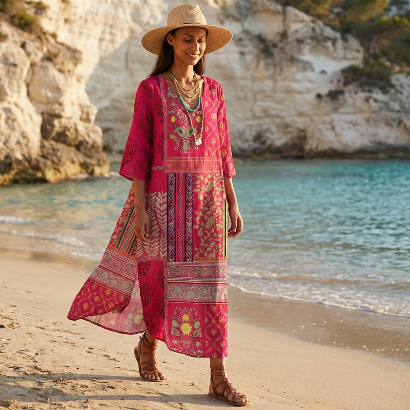 Boho embroidered midi dress by FJØRNA featuring a loose fit and V-neck, with colorful embroidery on lightweight fabric.