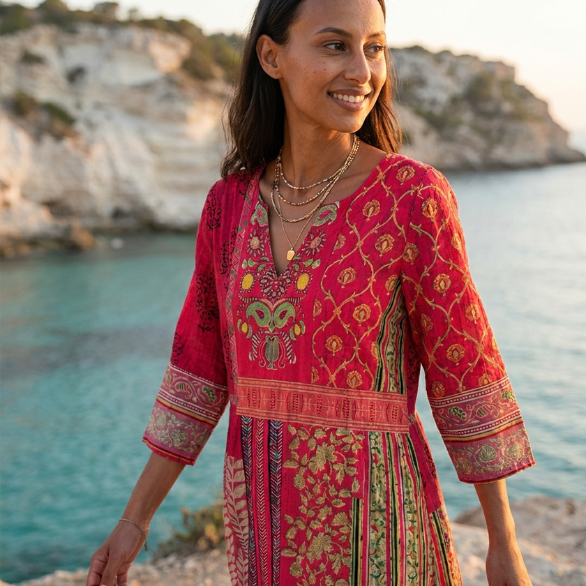 FJØRNA boho embroidered midi dress with V-neck and loose fit, featuring colorful embroidery and flowing fabric.