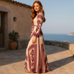 FJØRNA boho printed long sleeve maxi dress with relaxed fit, featuring vibrant patterns and flowing fabric.